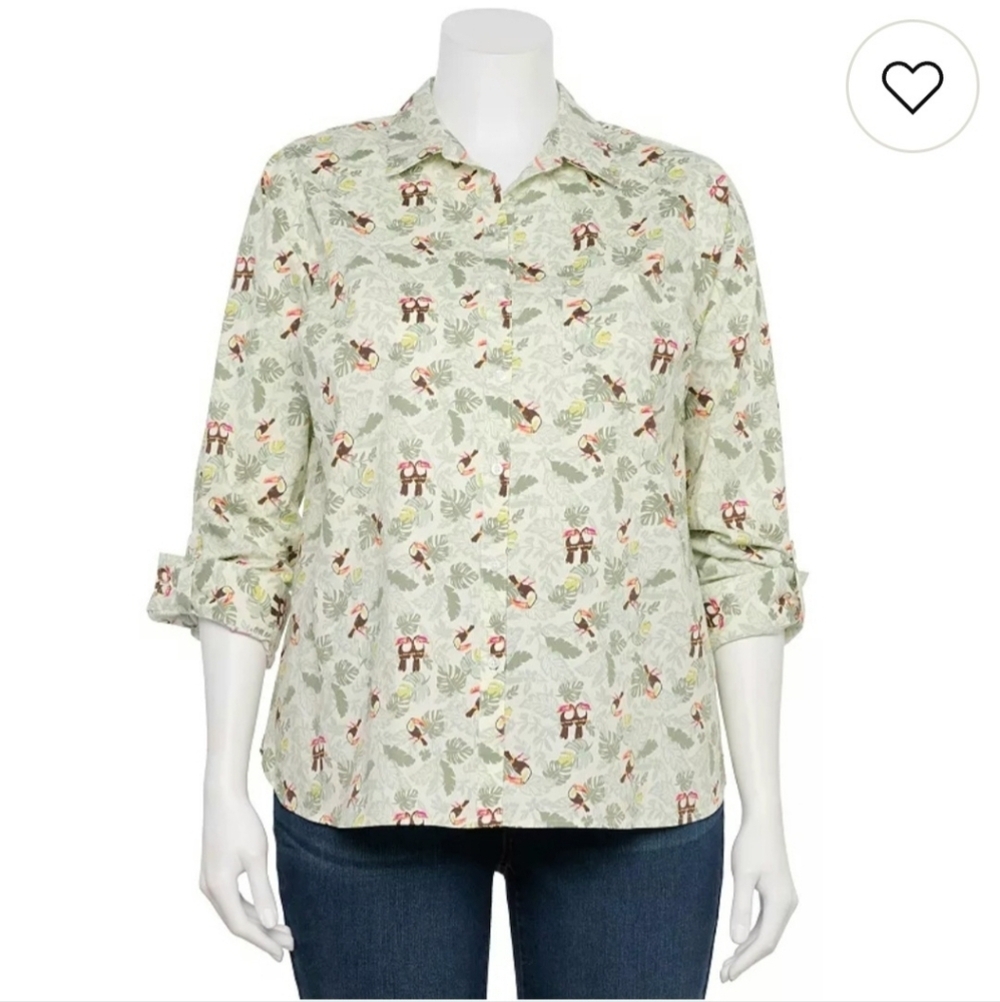 Croft & Barrow Toucan Print Button-Front Shirt Woman Plus SZ XXL Tropical Leaf - Picture 2 of 14